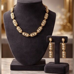 Elegant Gold and Pearl Necklace and Earring Set